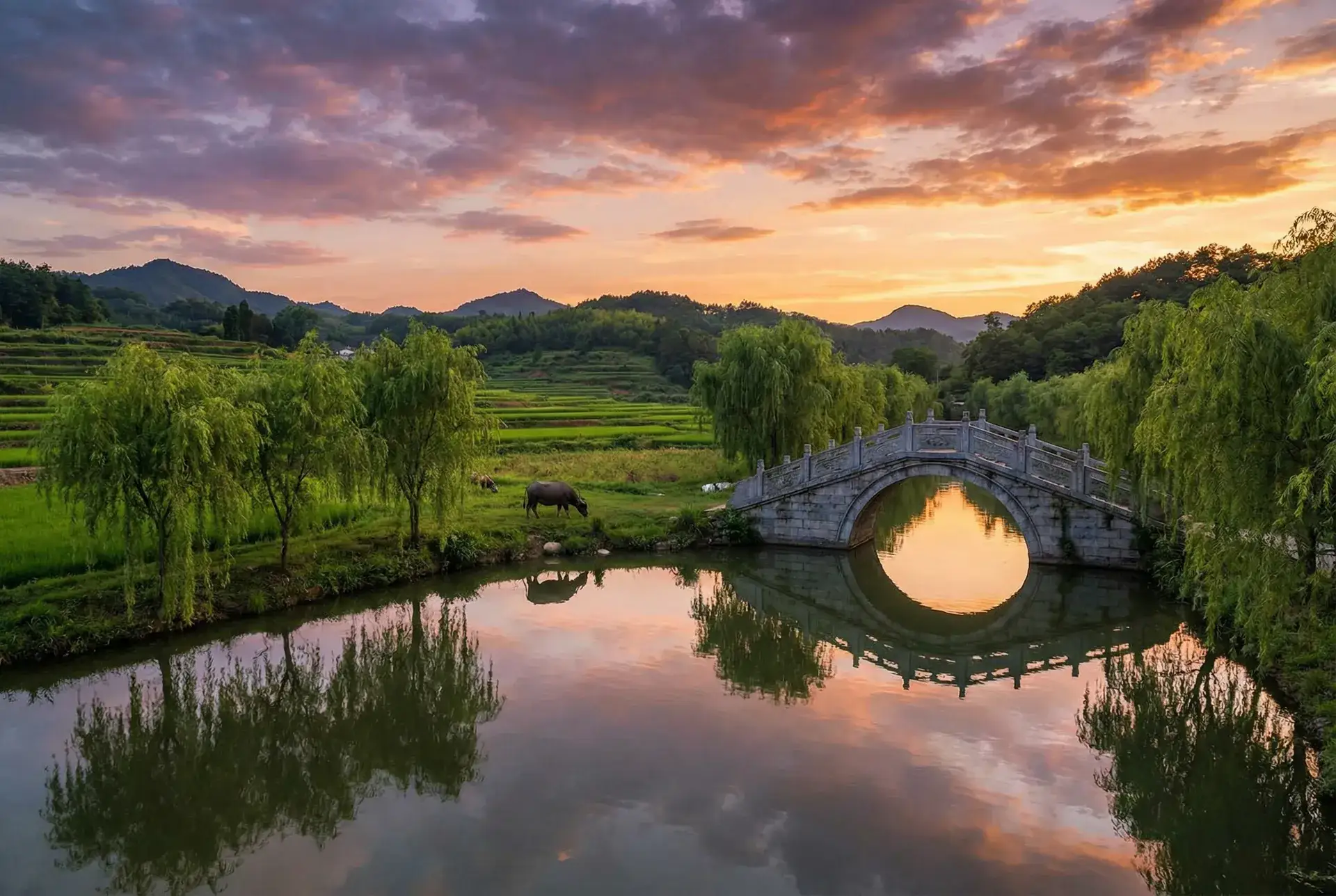 夕阳下的石拱桥与垂柳，水牛在河边吃草 - 世间道全集 乡村美景
